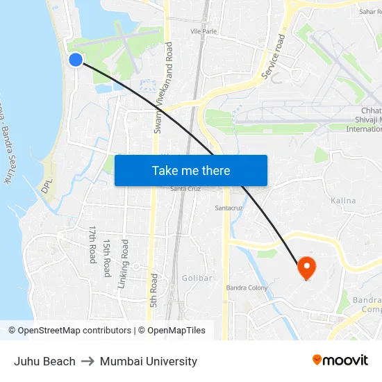 Juhu Beach to Mumbai University map