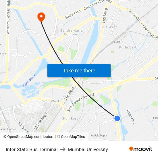 Inter State Bus Terminal to Mumbai University map