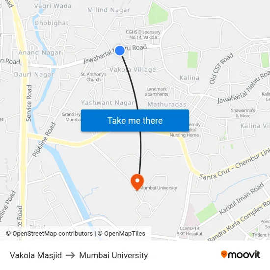 Vakola Masjid to Mumbai University map