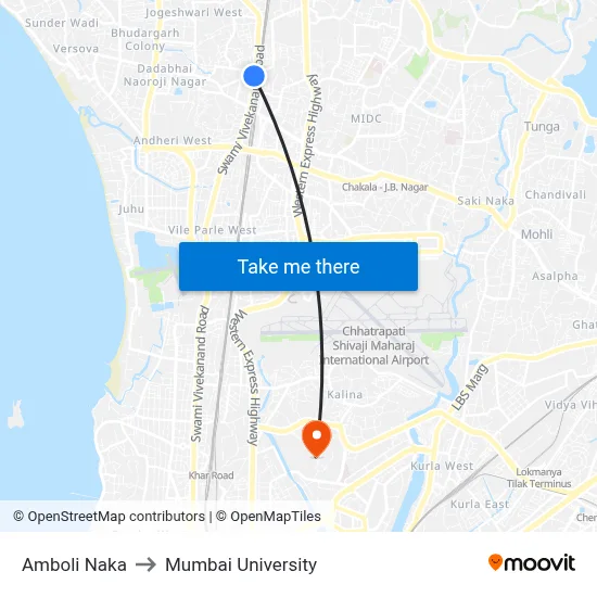 Amboli Naka to Mumbai University map