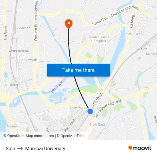 Sion to Mumbai University map