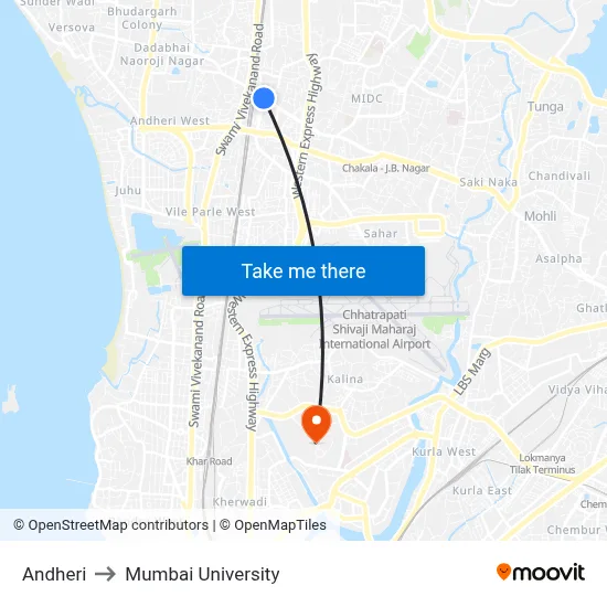 Andheri to Mumbai University map