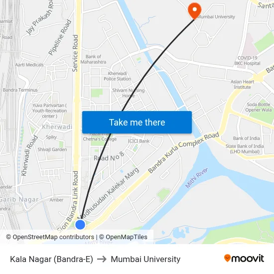 Kala Nagar (Bandra-E) to Mumbai University map