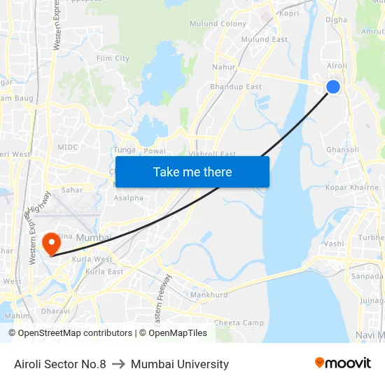 Airoli Sector No.8 to Mumbai University map