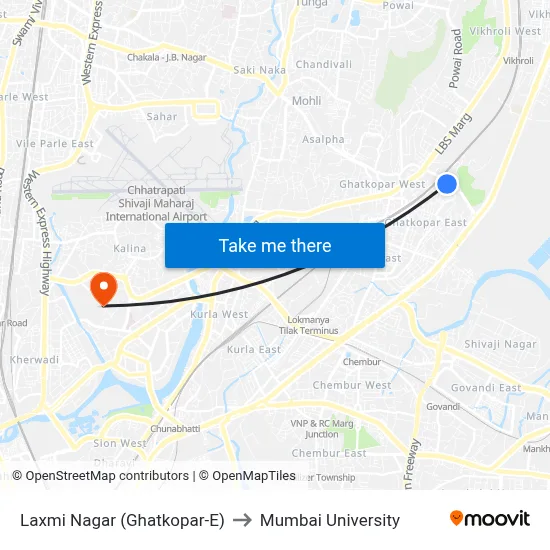 Laxmi Nagar (Ghatkopar-E) to Mumbai University map
