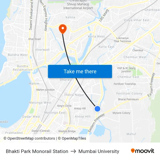 Bhakti Park Monorail Station to Mumbai University map