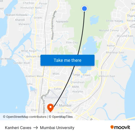 Kanheri Caves to Mumbai University map