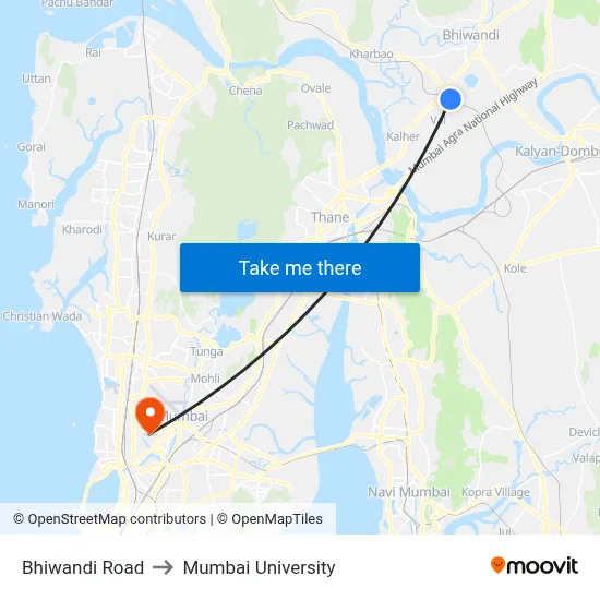 Bhiwandi Road to Mumbai University map