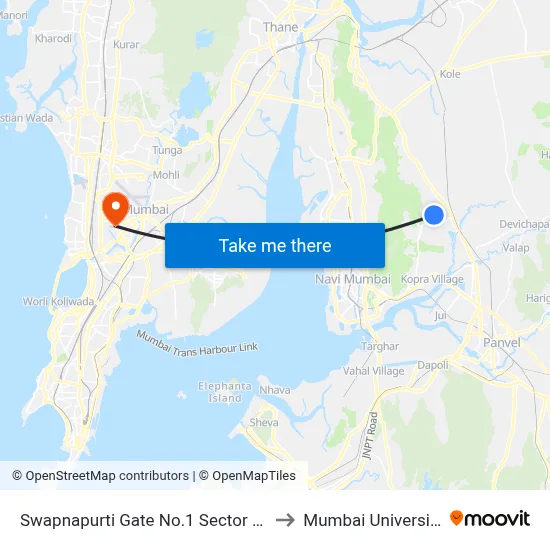 Swapnapurti Gate No.1 Sector 36 to Mumbai University map