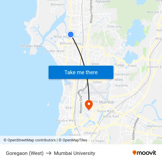 Goregaon (West) to Mumbai University map