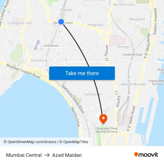Mumbai Central to Azad Maidan map