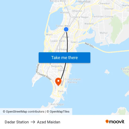 Dadar Station to Azad Maidan map