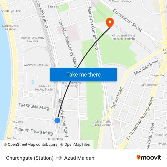 Churchgate (Station) to Azad Maidan map