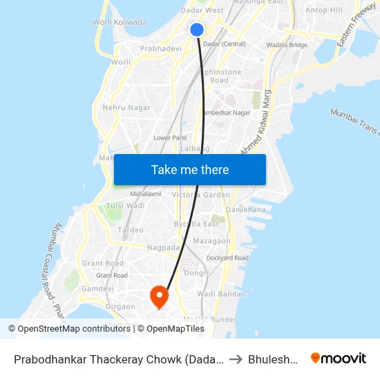 Prabodhankar Thackeray Chowk (Dadar-W) to Bhuleshwar map