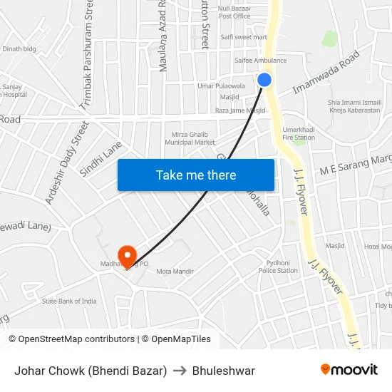 Johar Chowk (Bhendi Bazar) to Bhuleshwar map