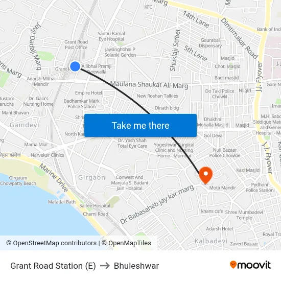 Grant Road Station (E) to Bhuleshwar map