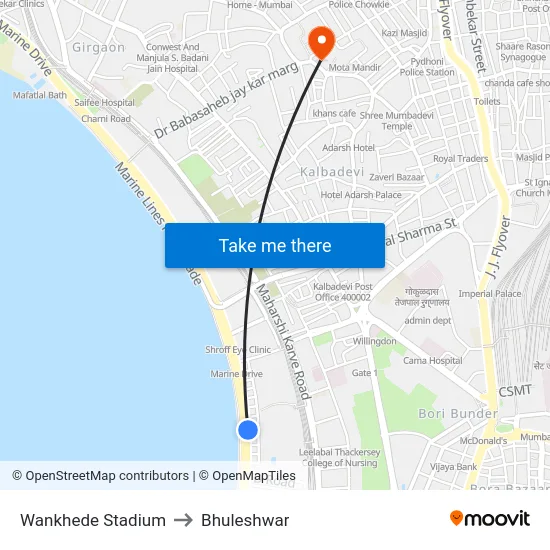 Wankhede Stadium to Bhuleshwar map