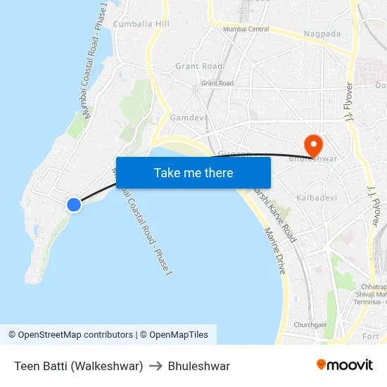 Teen Batti (Walkeshwar) to Bhuleshwar map