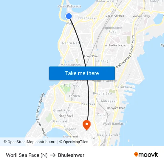 Worli Sea Face (N) to Bhuleshwar map