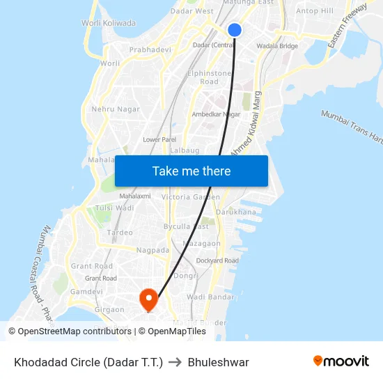 Khodadad Circle (Dadar T.T.) to Bhuleshwar map