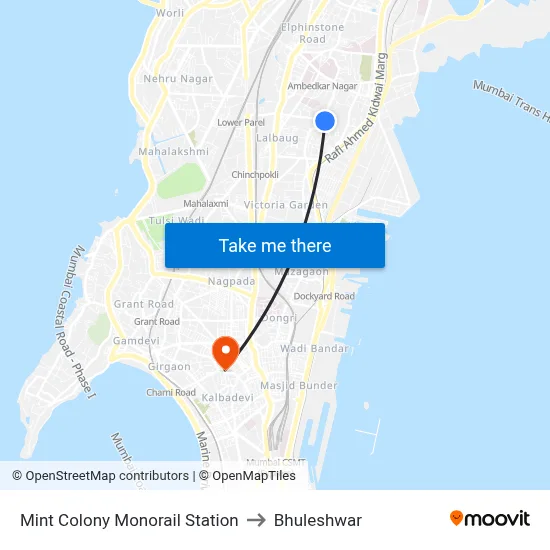 Mint Colony Monorail Station to Bhuleshwar map