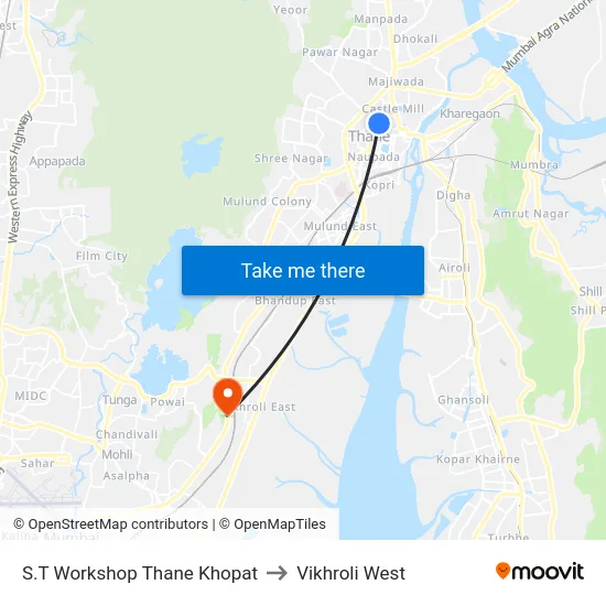 S.T Workshop Thane Khopat to Vikhroli West map