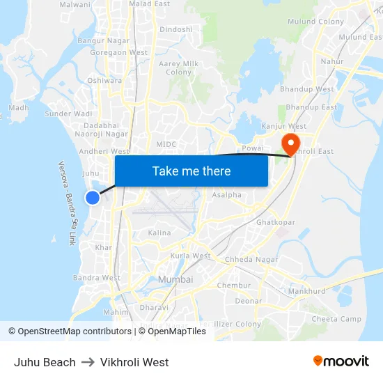 Juhu Beach to Vikhroli West map
