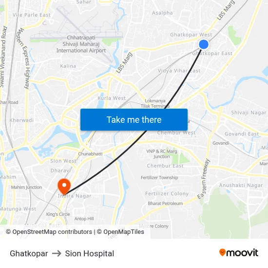 Ghatkopar to Sion Hospital map