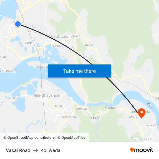 Vasai Road to Koliwada map