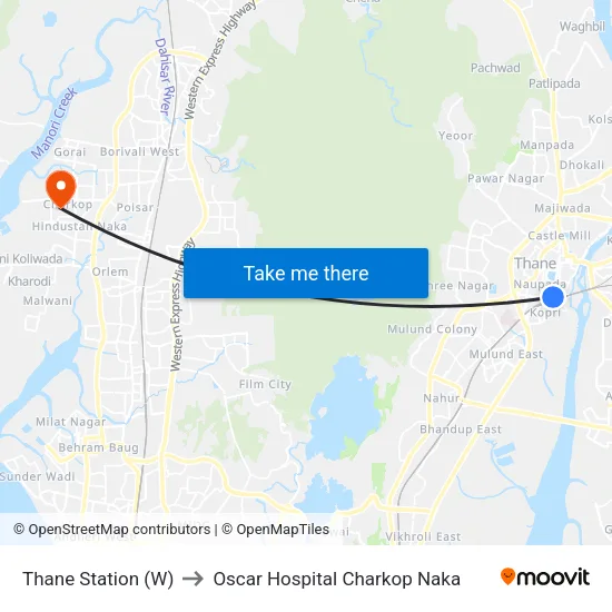 Thane Station (W) to Oscar Hospital Charkop Naka map