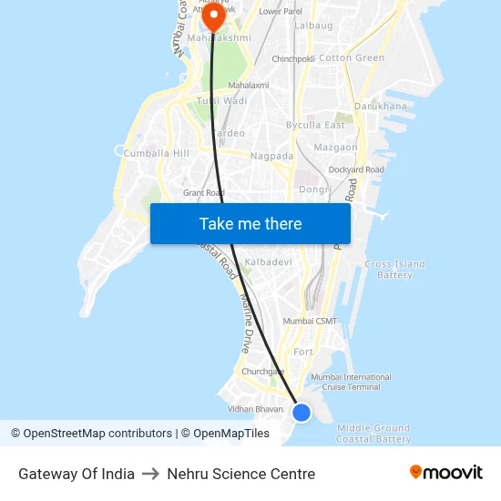 गेटवे ऑफ इंडिया to नेहरू विज्ञान केंद्र map