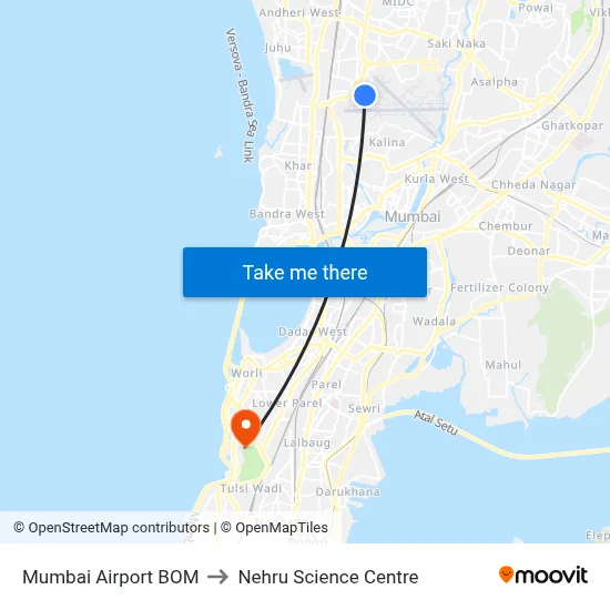 Mumbai Airport BOM to Nehru Science Centre map