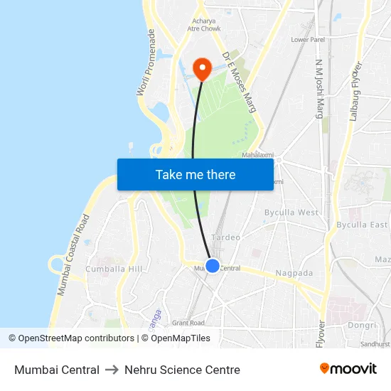मुंबई सेंट्रल to नेहरू विज्ञान केंद्र map