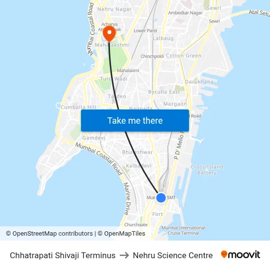 Chhatrapati Shivaji Terminus to Nehru Science Centre map