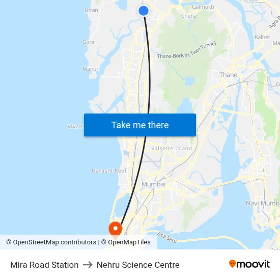 मीरा रोड स्टेशन to नेहरू विज्ञान केंद्र map