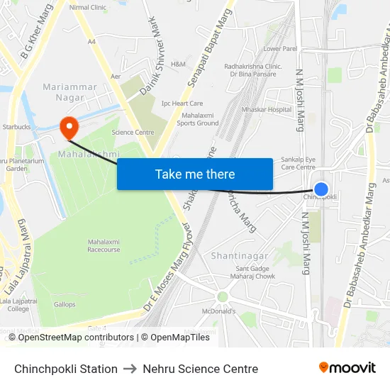 चिंचपोकली स्टेशन to नेहरू विज्ञान केंद्र map