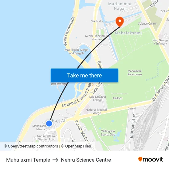 महालक्ष्मी मंदिर to नेहरू विज्ञान केंद्र map