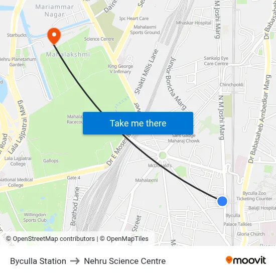बायकुला स्टेशन to नेहरू विज्ञान केंद्र map