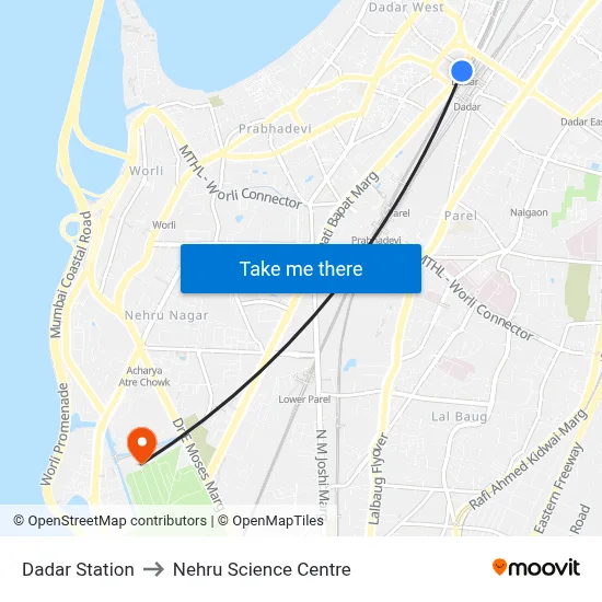 Dadar Station to Nehru Science Centre map