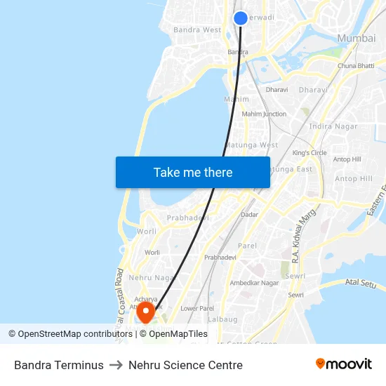 Bandra Terminus to Nehru Science Centre map