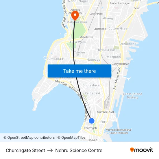 Churchgate Street to Nehru Science Centre map