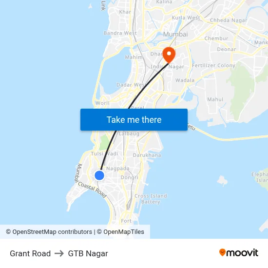 Grant Road to GTB Nagar map