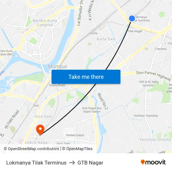 Lokmanya Tilak Terminus to GTB Nagar map