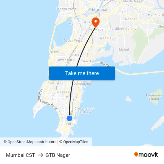 Mumbai CST to GTB Nagar map