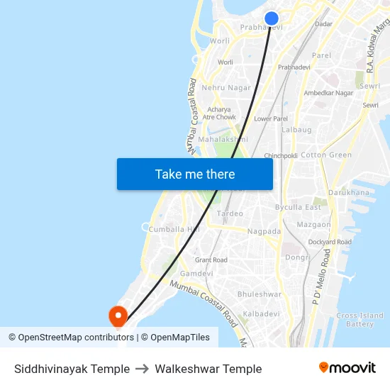 Siddhivinayak Temple to Walkeshwar Temple map