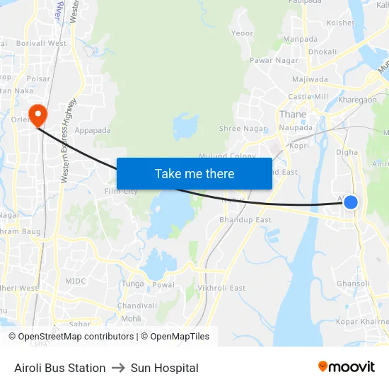 Airoli Bus Station to Sun Hospital map