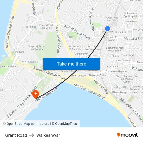 ग्रांट रोड to वालकेश्वर map