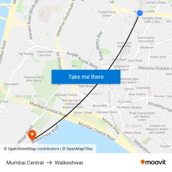 Mumbai Central to Walkeshwar map