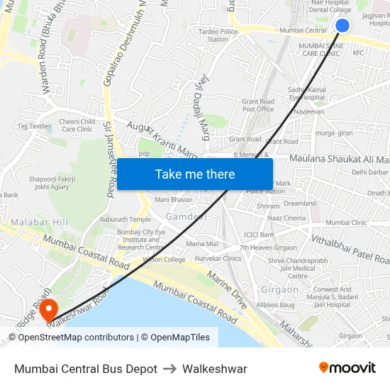 Mumbai Central Bus Depot to Walkeshwar map