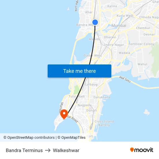 Bandra Terminus to Walkeshwar map